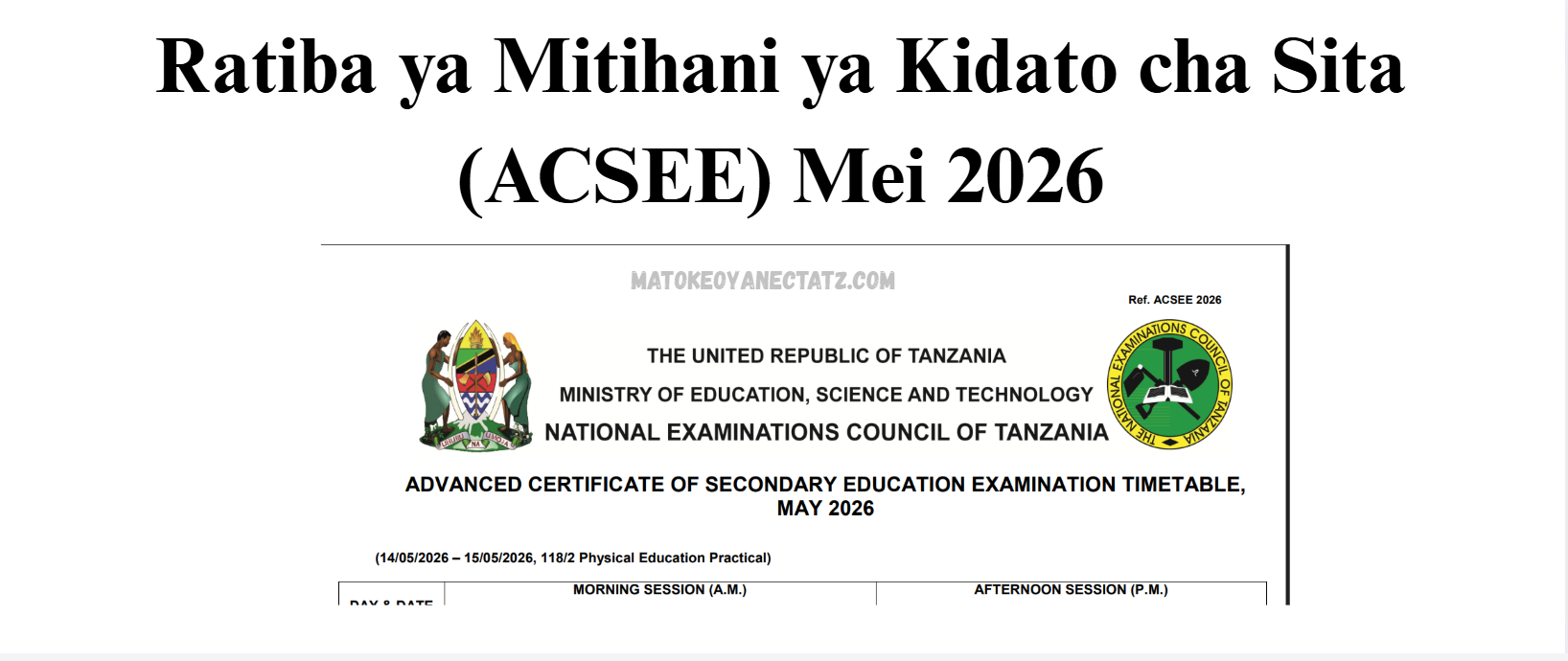 Ratiba ya Mitihani ya Kidato cha Sita (ACSEE)