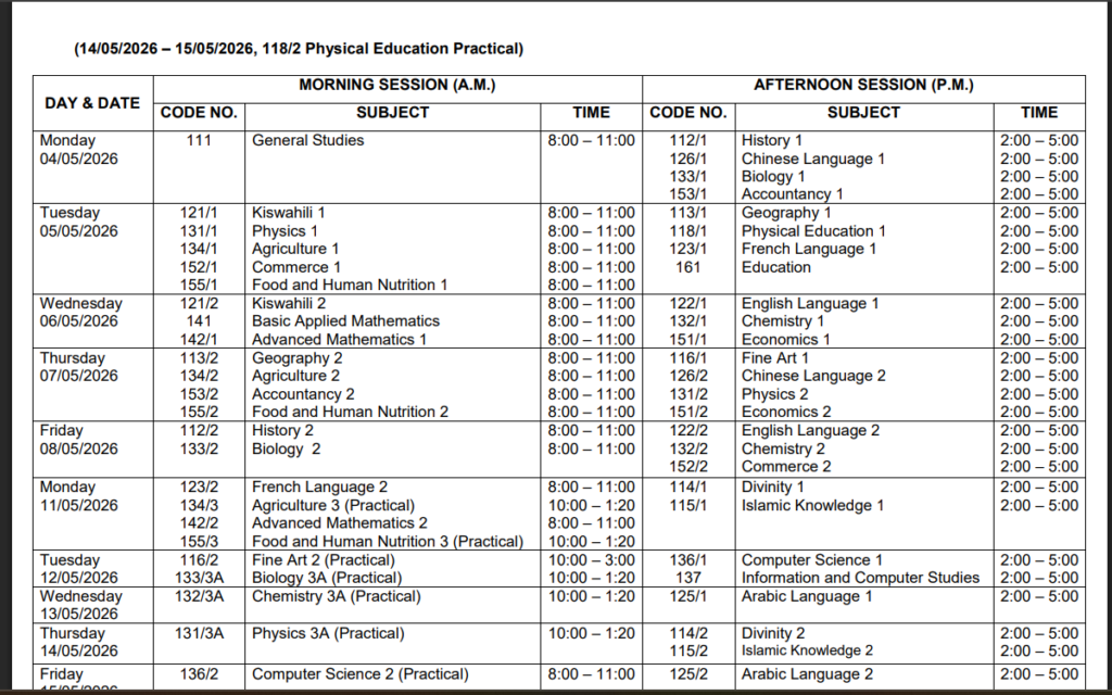 Ratiba ya ACSEE 2026